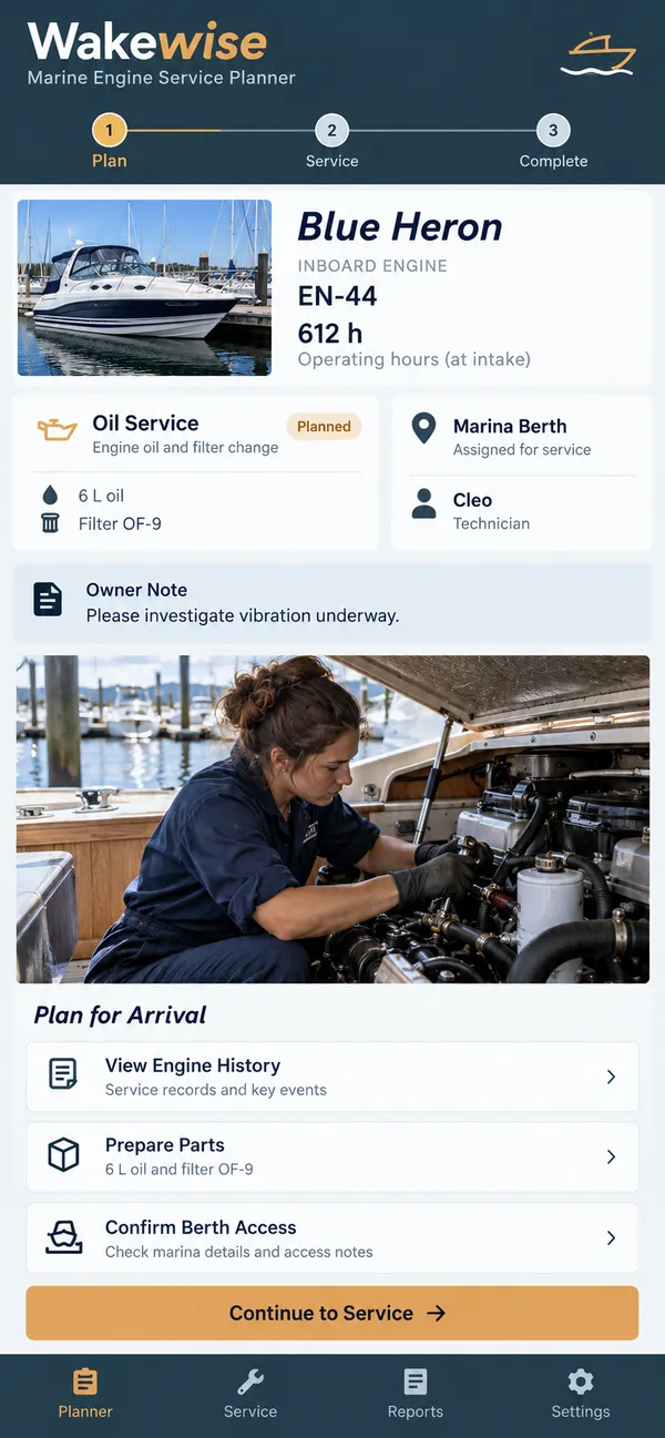Wakewise marine engine service app: service planned around the vessel and recorded engine hours