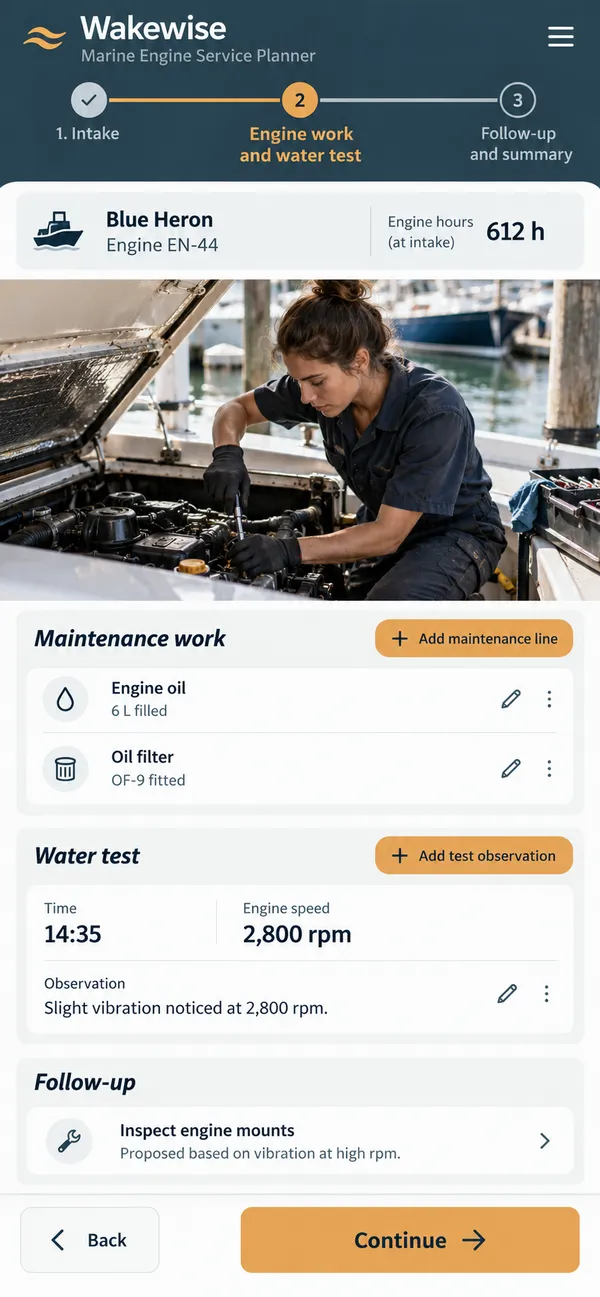 Wakewise marine engine service app: maintenance details linked to water-test observations