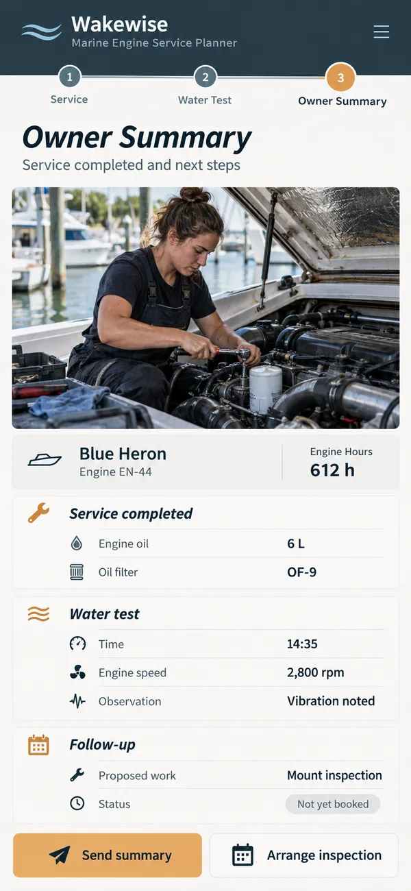 Wakewise marine engine service app: service summary and follow-up account for the boat owner
