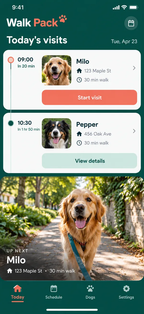 Walk Pack dog walking app: today's visits as one list with each dog, stop and note