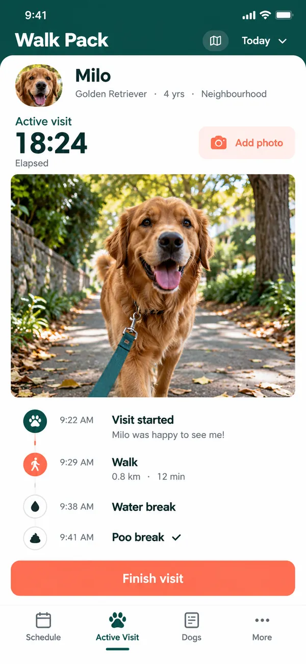 Walk Pack dog walking app: active visit in progress with timer and dog details