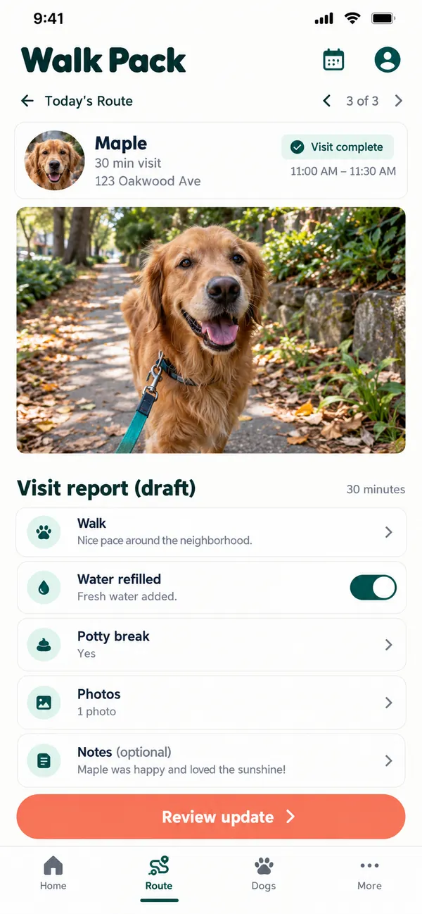 Walk Pack dog walking app: draft visit report ready to send to the owner