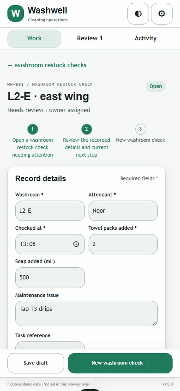 Washwell: editable business record and action