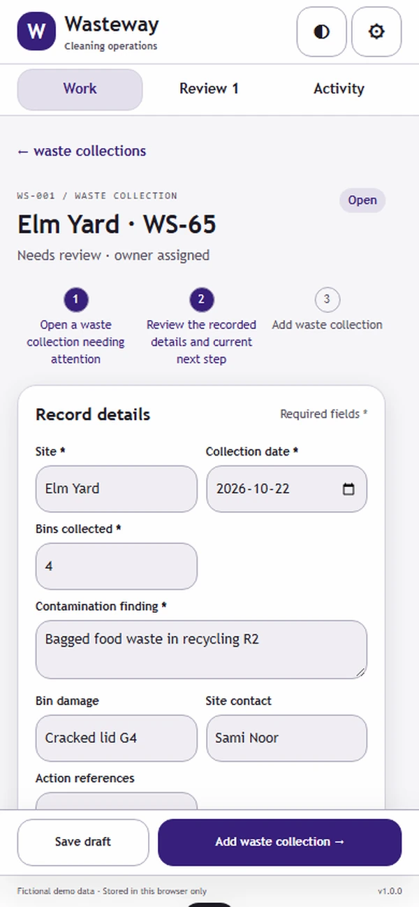 Wasteway: editable business record and action