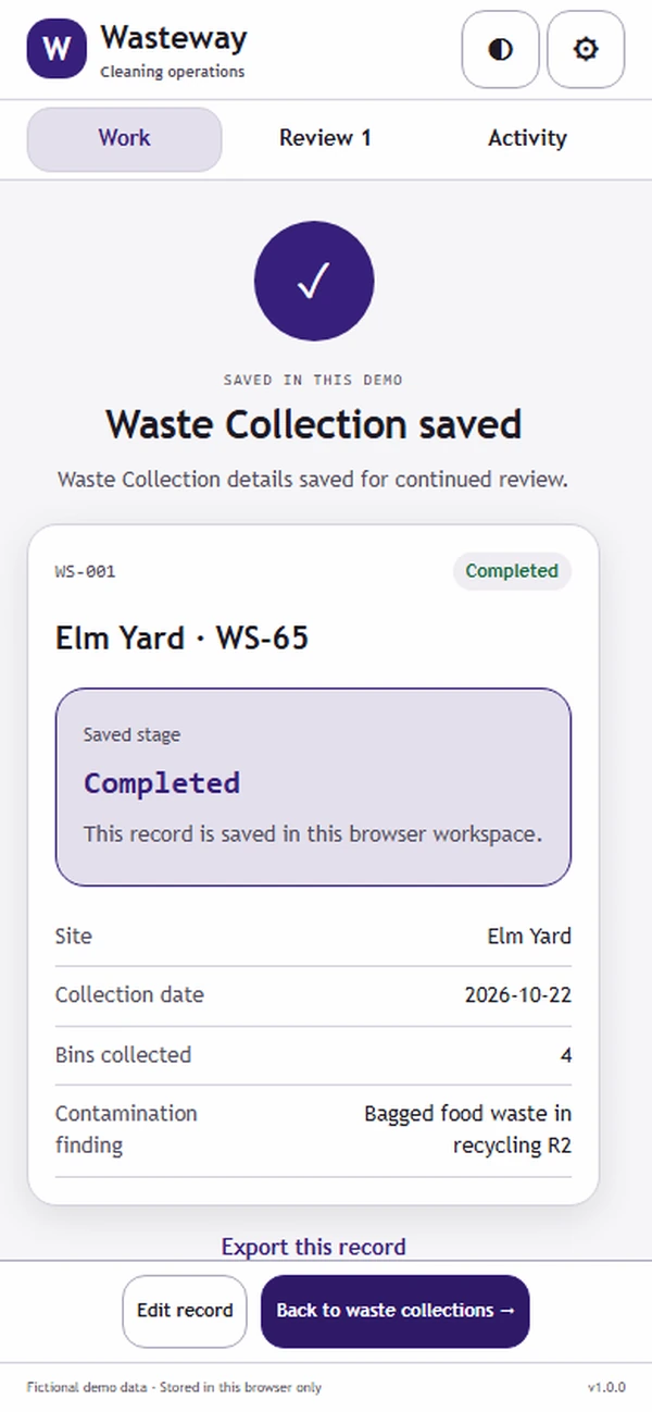 Wasteway: saved result with recorded details