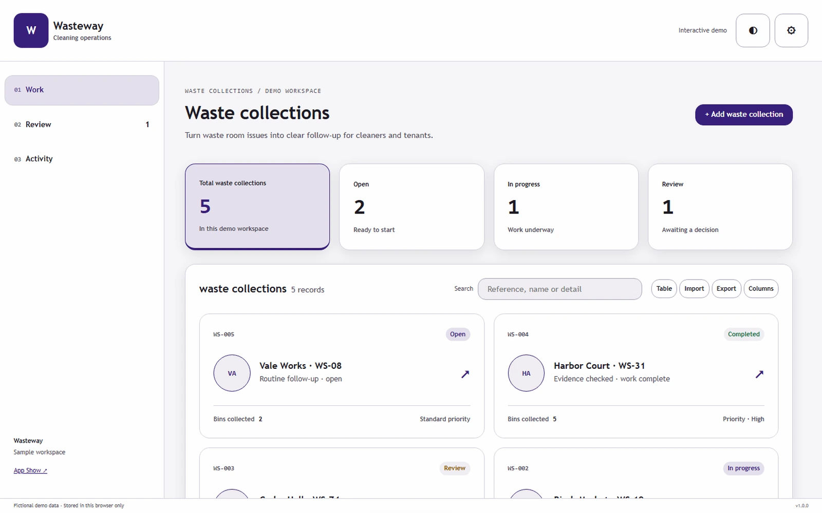 Wasteway responsive pc workspace with sample business records.