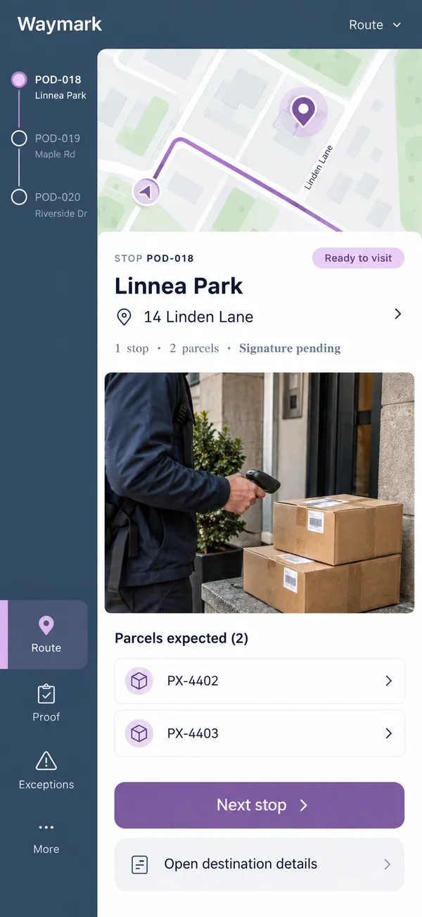 Waymark courier proof of delivery app: stop address with the parcels expected there