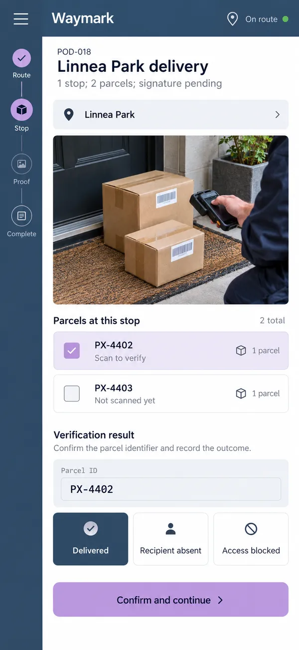 Waymark courier proof of delivery app: packages verified before handoff at the stop