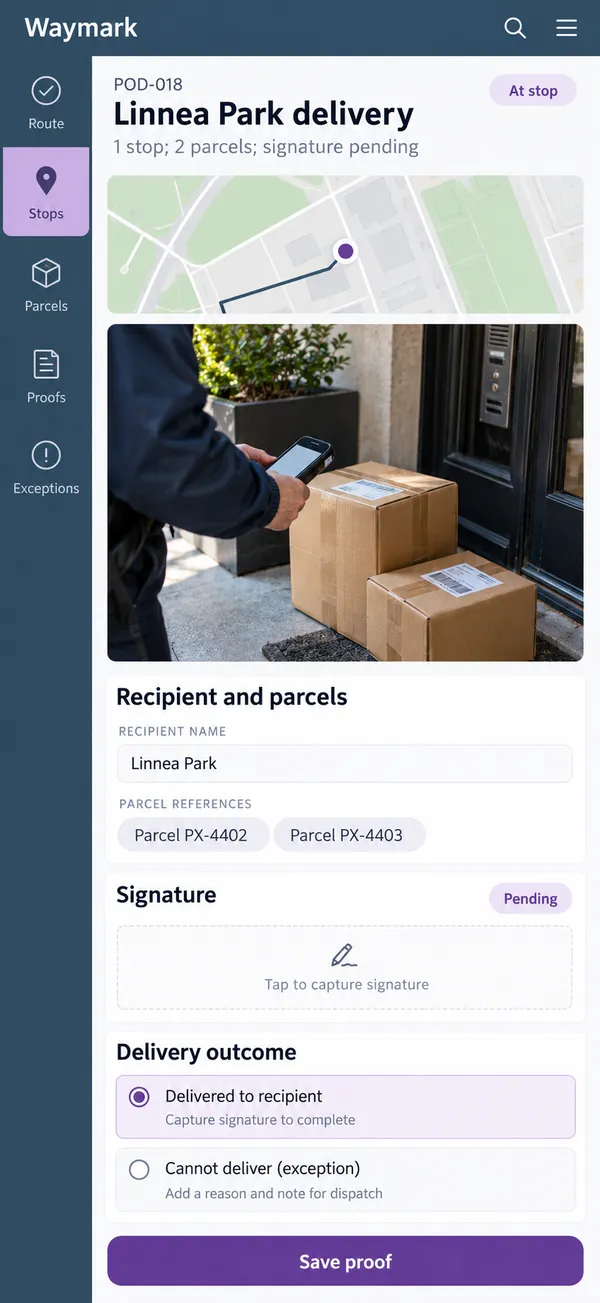 Waymark courier proof of delivery app: delivery completed with the evidence collected at the door