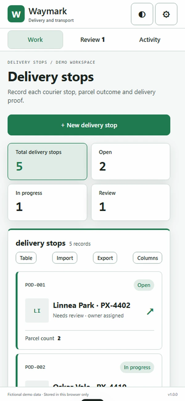 Waymark courier proof of delivery app: stop address with the parcels expected there