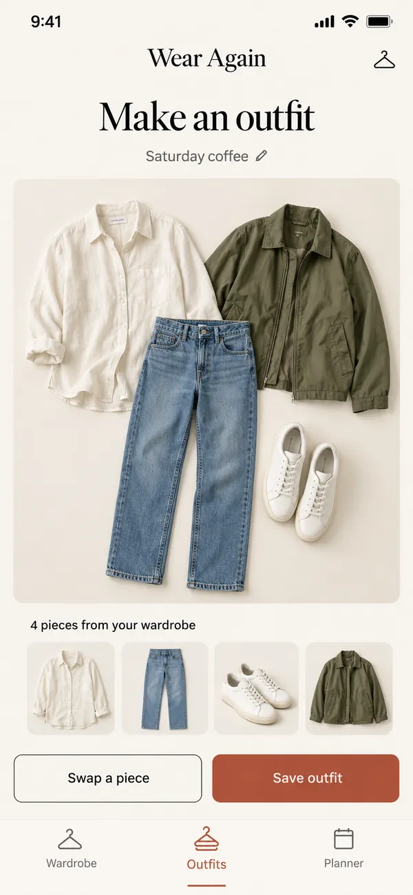Combine real wardrobe pieces into a saved outfit.