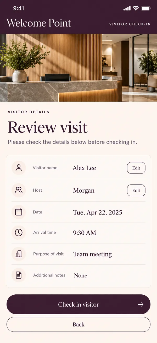 Welcome Point visitor check-in kiosk app: visitor entering their details