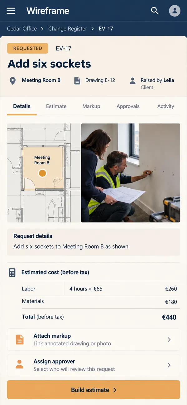 Wireframe electrical variation app: the client's requested change described in the work order