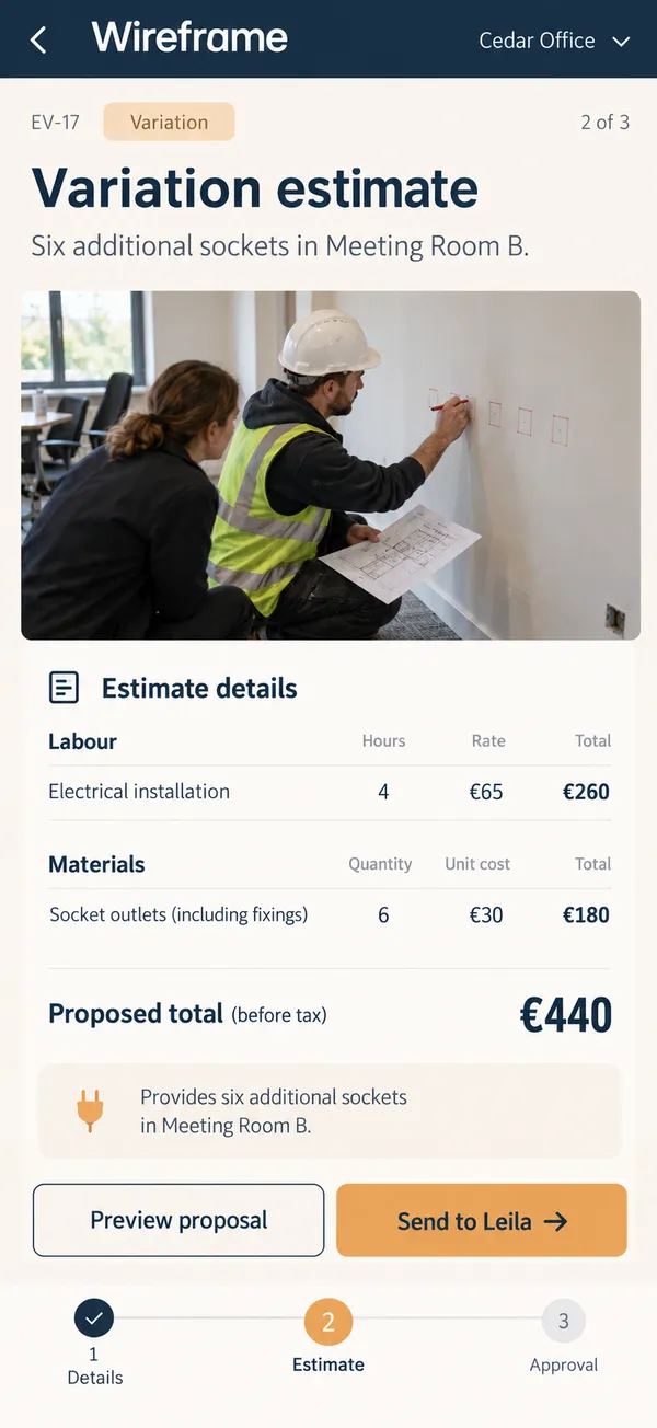 Wireframe electrical variation app: labor and materials pricing for the proposed extra work