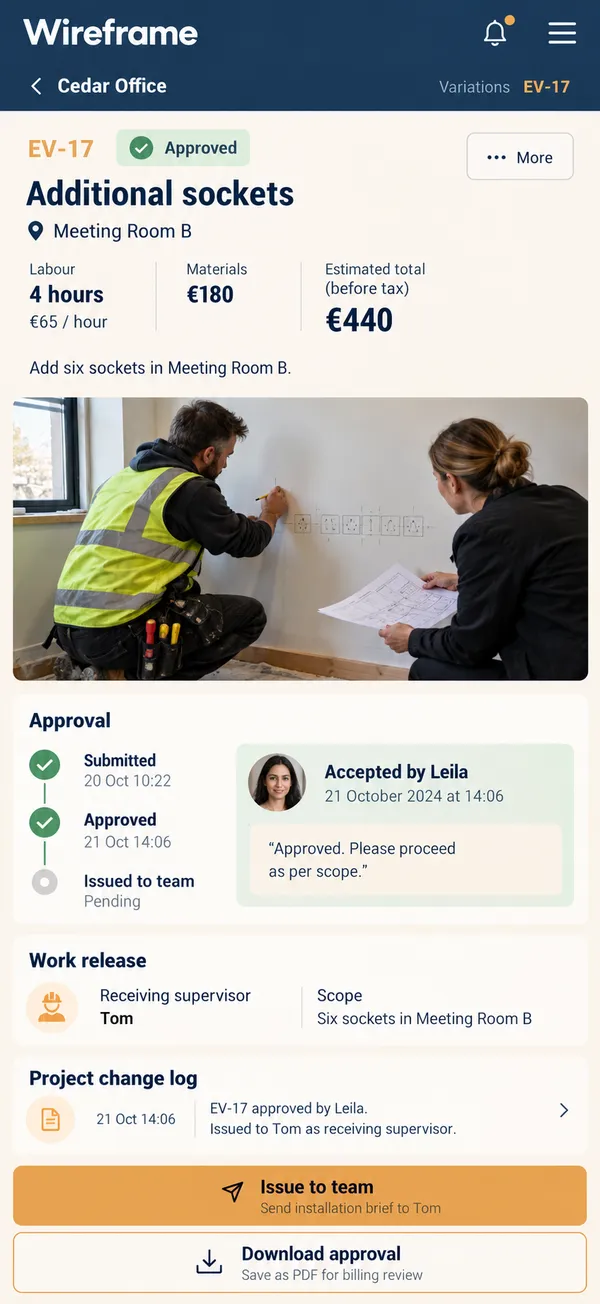 Wireframe electrical variation app: the approved scope with the client's recorded response