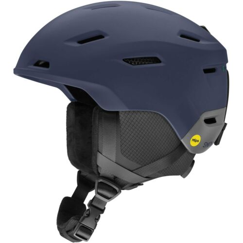 Navy ski helmet with padded ear covers and a chin strap