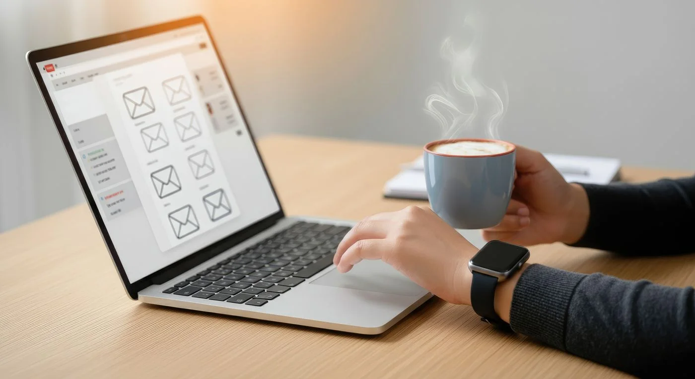 Laptop mit App-Drahtmodellen neben einer Tasse Kaffee