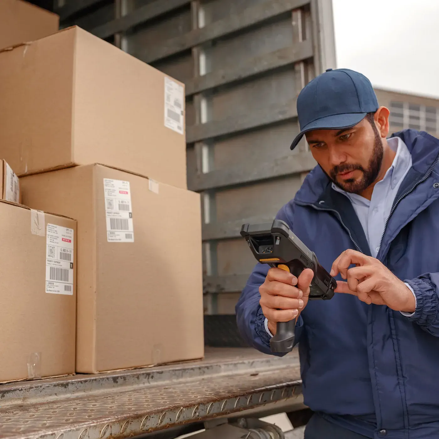 Delivery worker scanning parcels with a handheld scanner