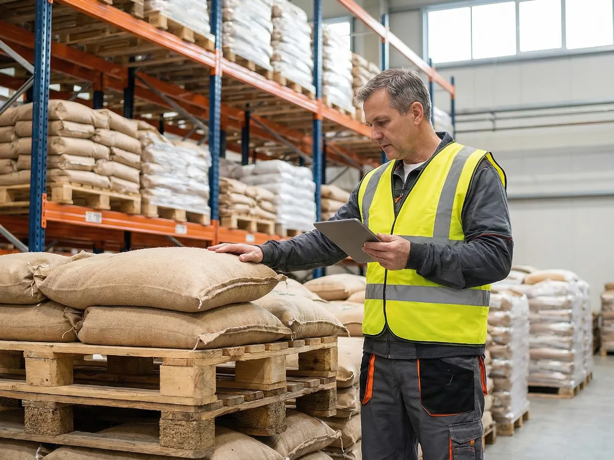 Warehouse worker checking stock on a tablet next to pallets of sacks