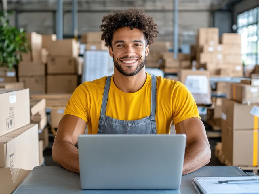 Small business owner managing orders on a laptop in the stockroom
