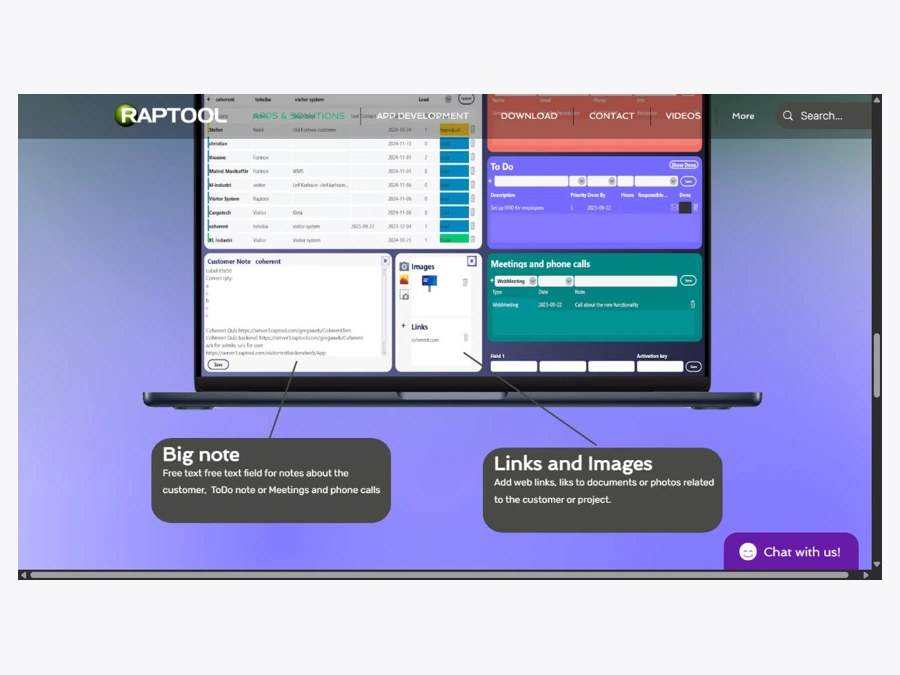 Raptool CRM page screenshot highlighting customer notes, linked information and activity records