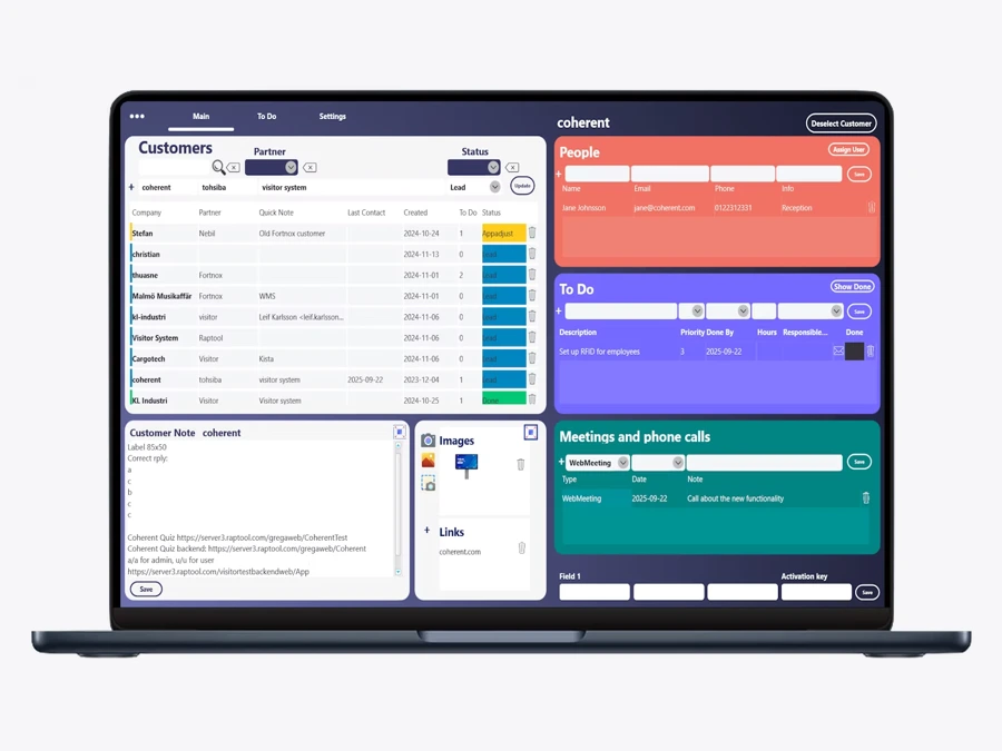 Customer and activity interface illustrated on Raptool's CRM page