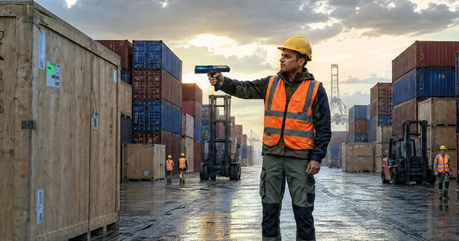 Datalogic promotional image of a worker scanning in an outdoor cargo yard