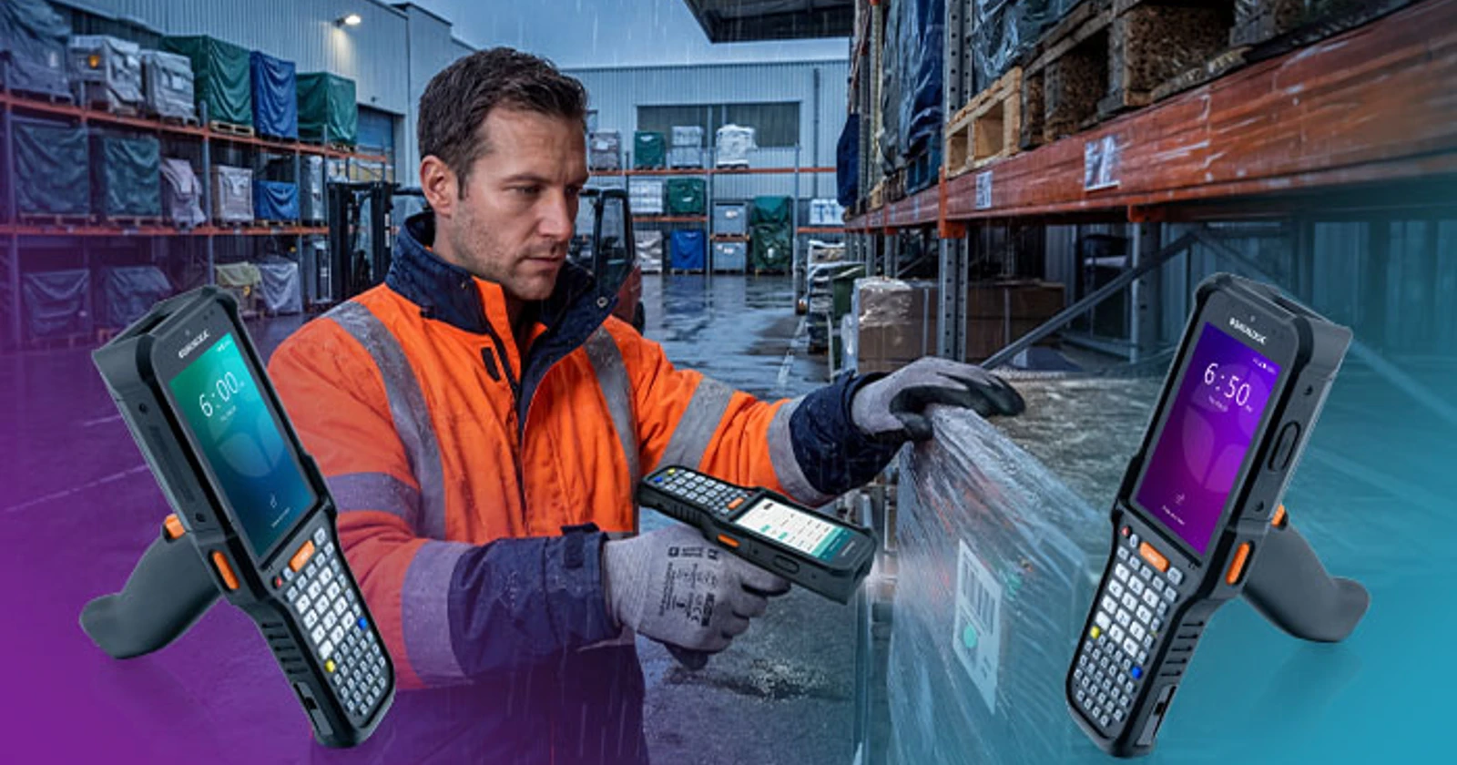 Datalogic promotional montage showing warehouse work and Falcon devices