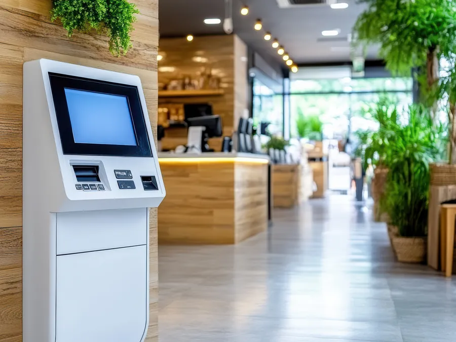 Freestanding self-service kiosk in a modern store