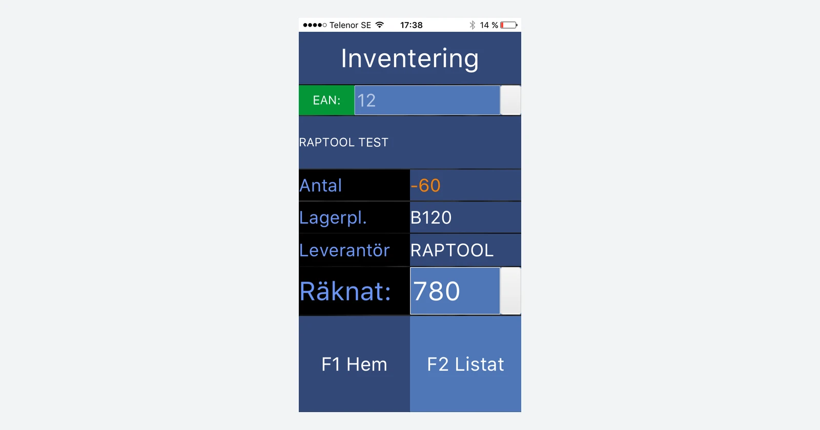 Raptool Fortnox inventory-counting app example with Swedish labels