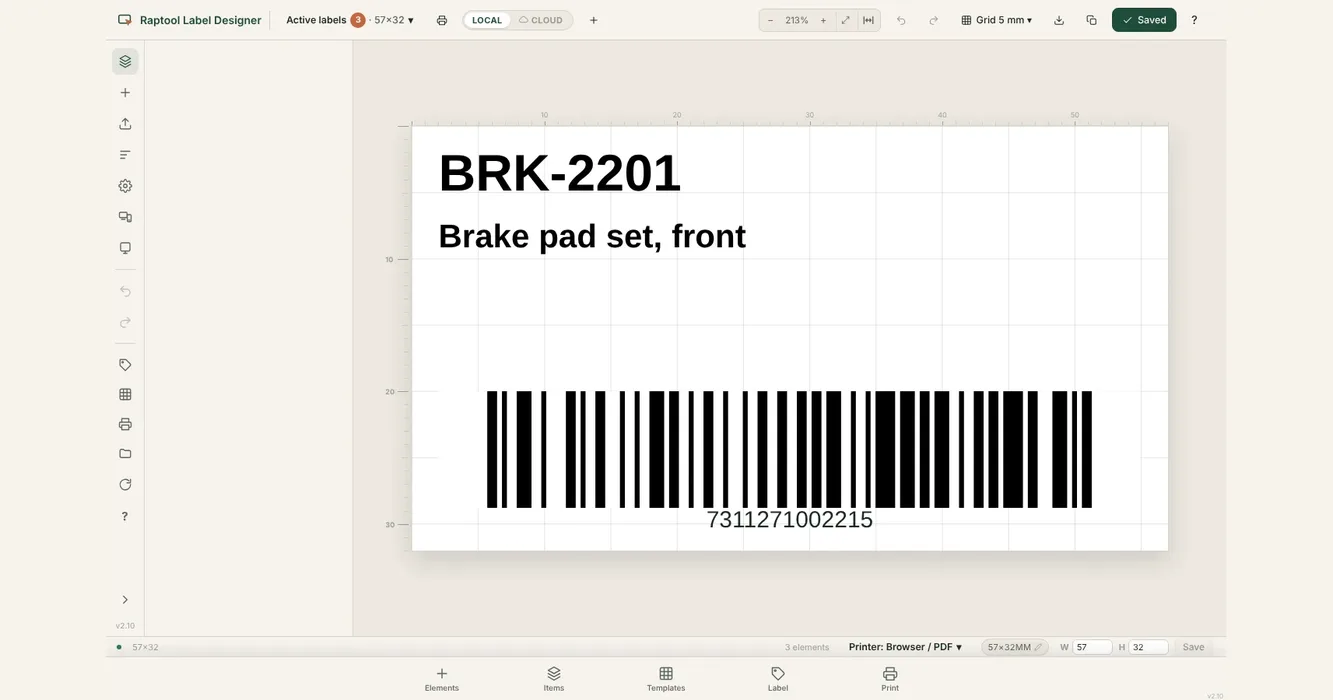 Label template open in the Raptool Label Designer editor