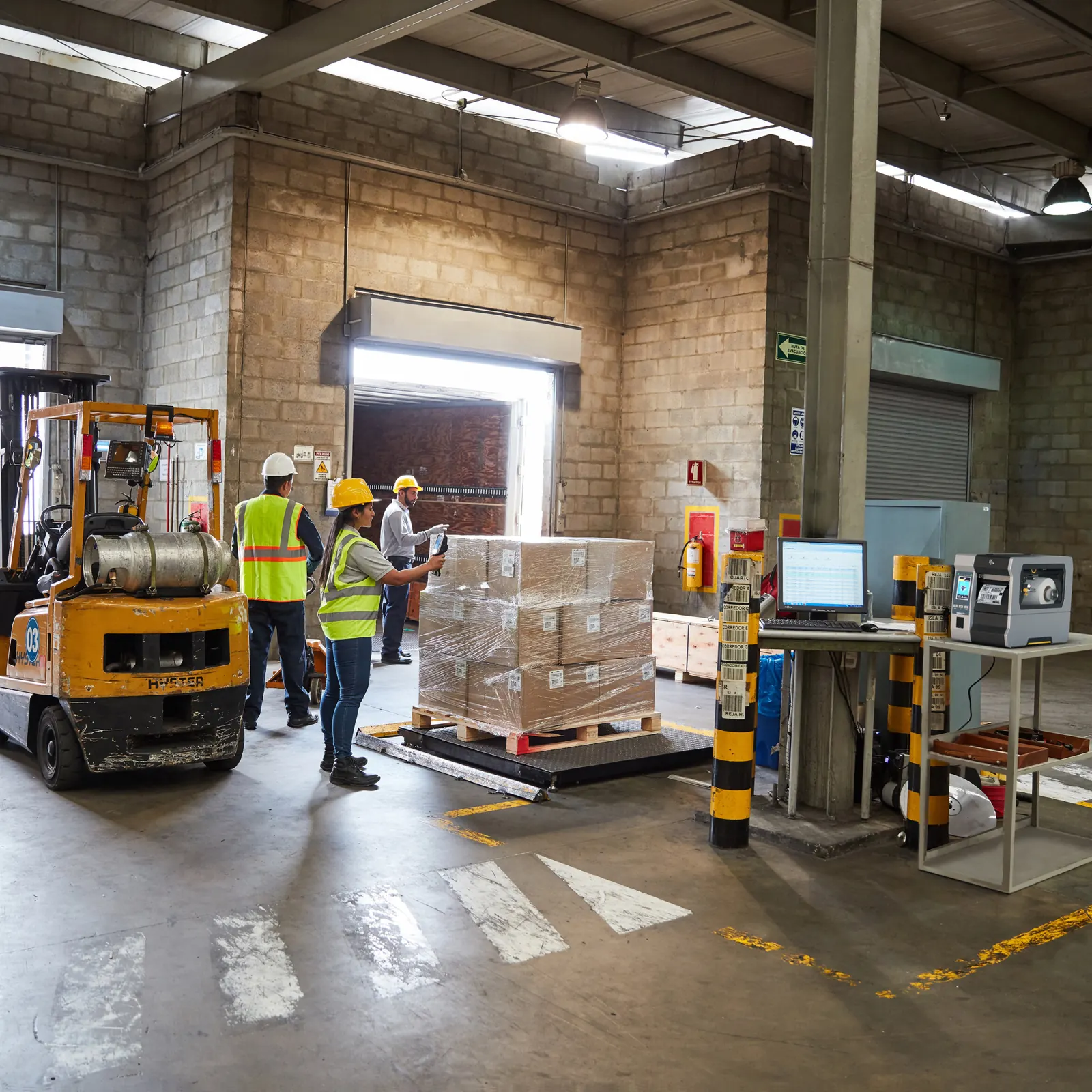 Busy loading dock with a forklift, pallets and staff at the dock door
