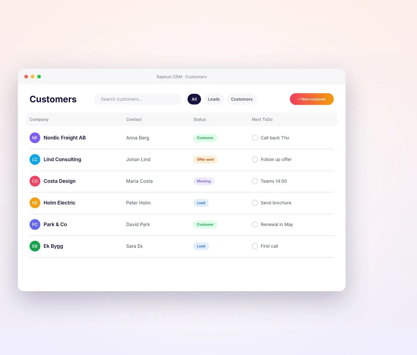 Lista de clientes de Raptool CRM con el estado y la persona responsable de cada uno