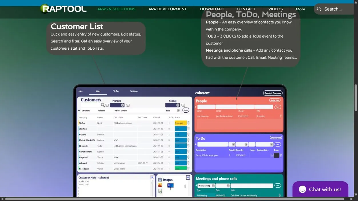 Raptool CRM page screenshot showing customer lists, people and to-dos