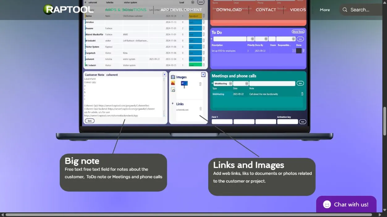 Raptool CRM page screenshot showing notes, links and conversation records