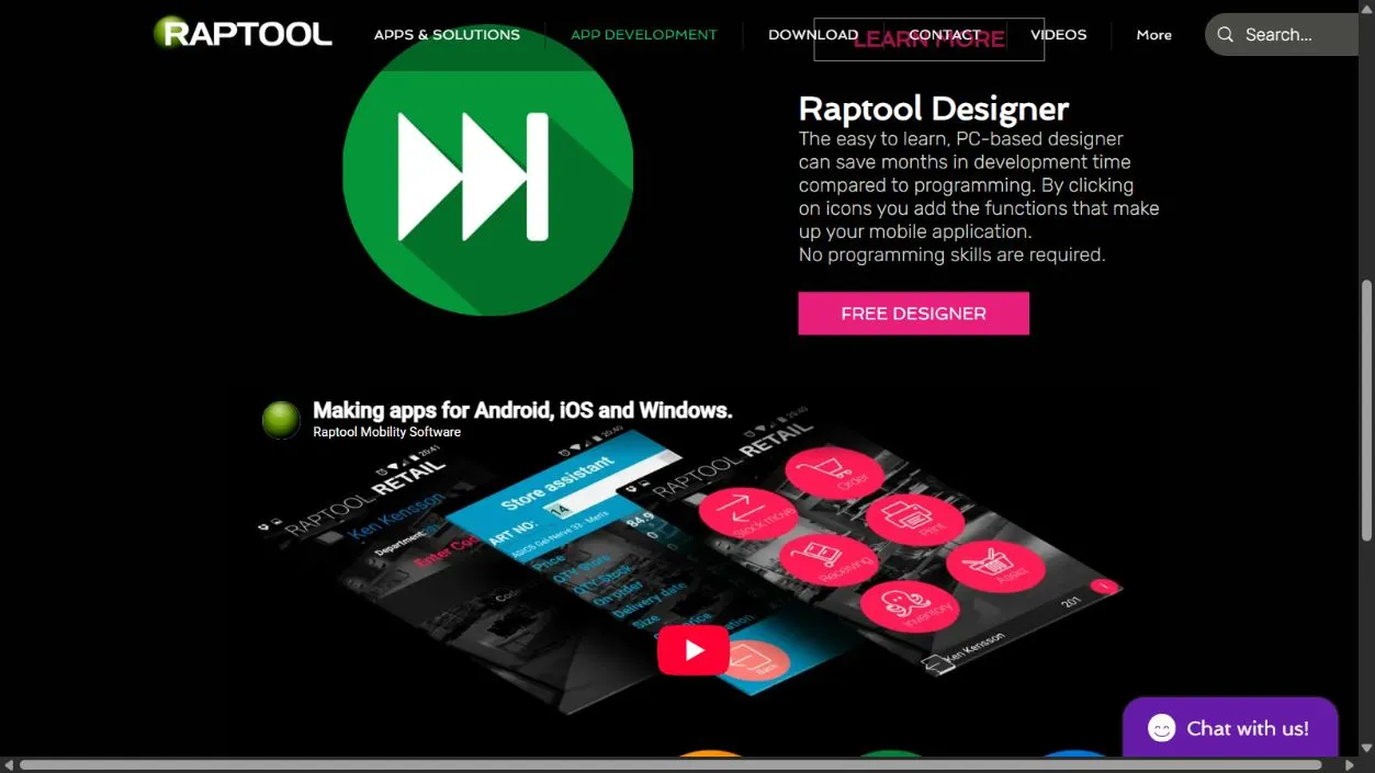 Raptool Designer page screenshot showing its visual app-development description and app examples