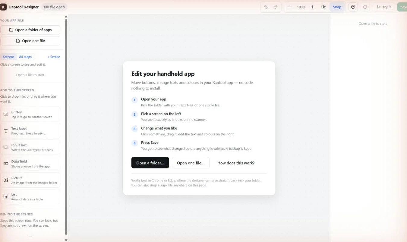 Raptool Designer bearbeitet eine Handheld-App