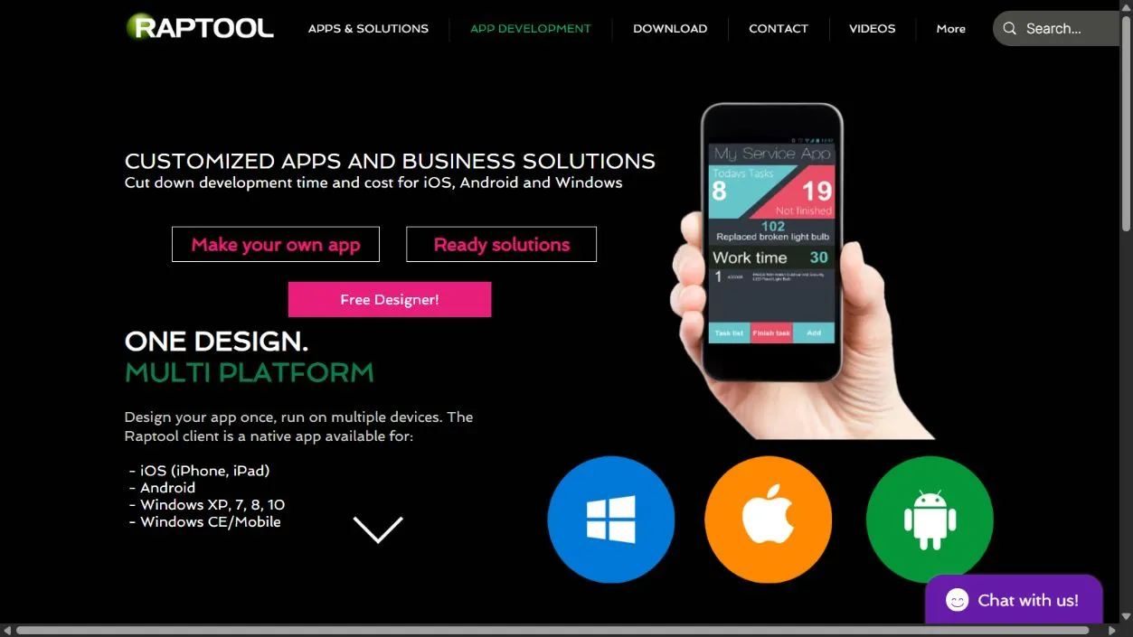 Raptool Designer page screenshot with published business-app examples