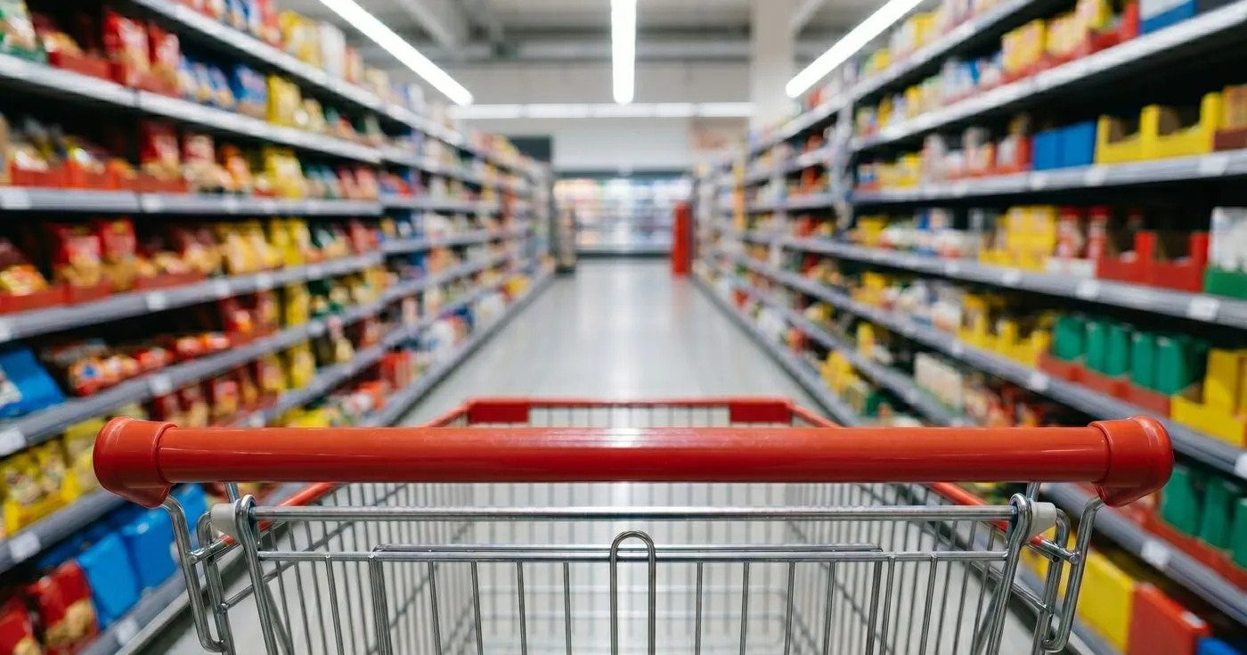 Supermarket aisle with well-stocked shelves