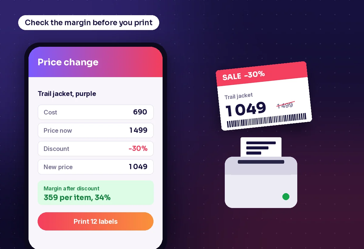 Phone showing a price change with cost, new price and margin after a 30 percent discount, next to a label printer printing a sale label
