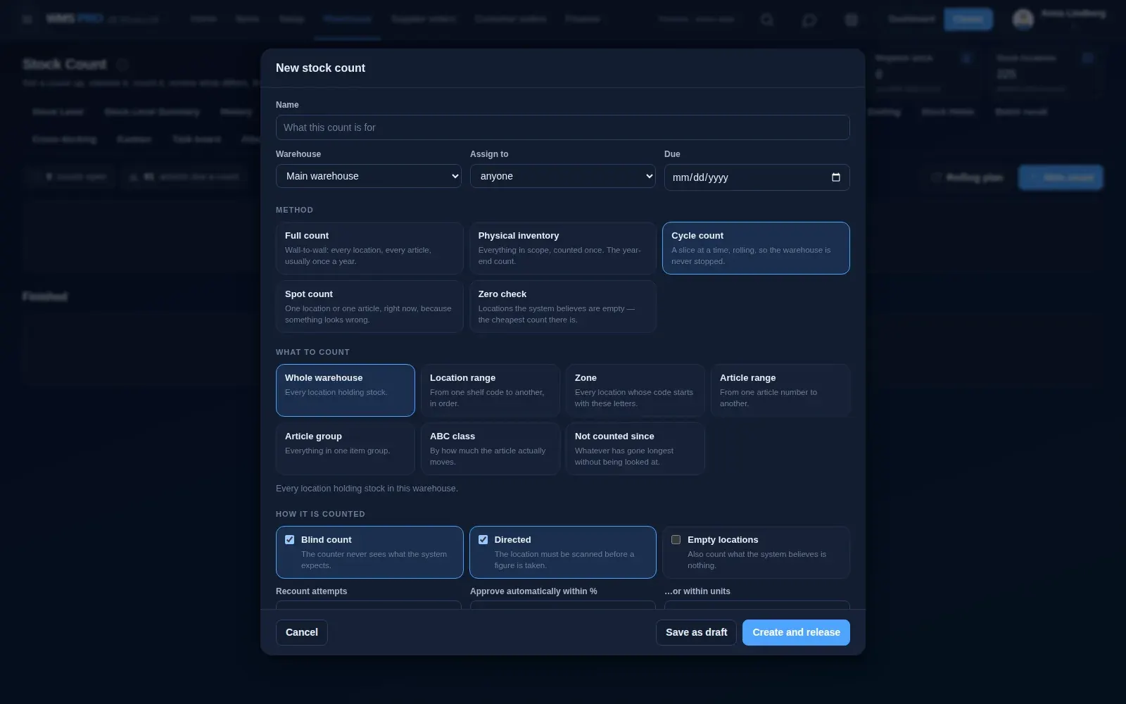 Raptool WMS stock count screen for setting up a new count