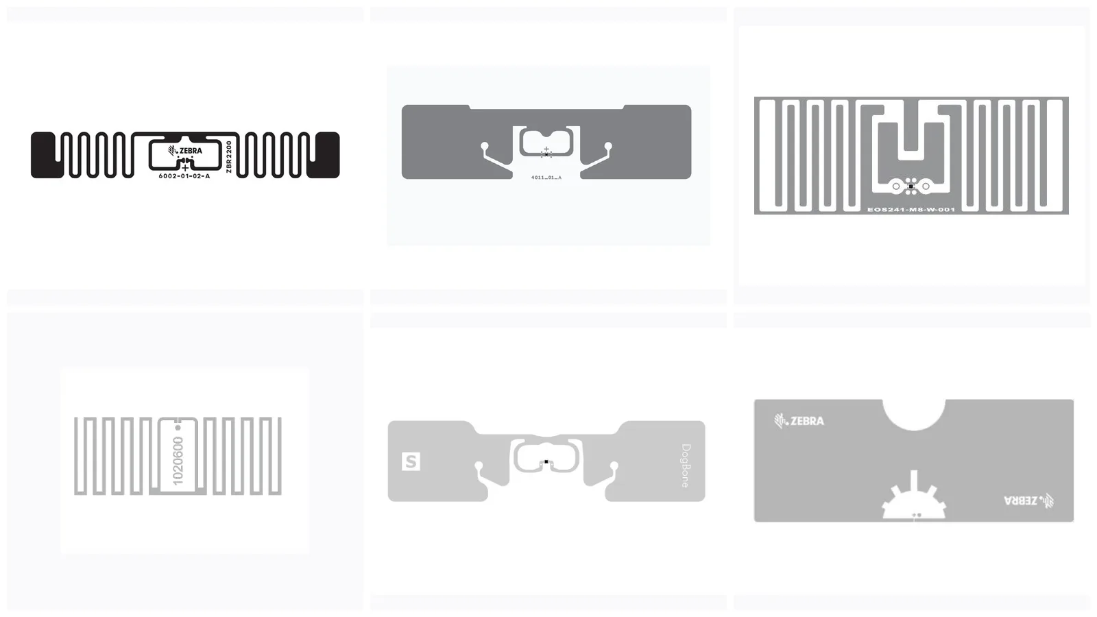 Six UHF RFID inlay antenna designs from Zebra, Avery Dennison, Tageos, BoingTech and Smartrac.