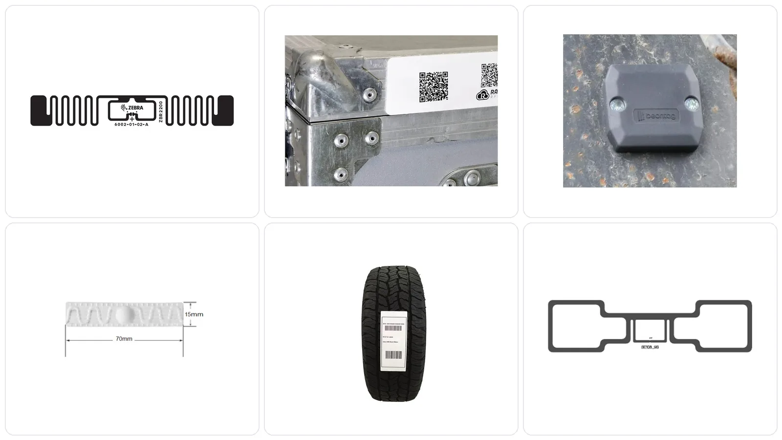 Six kinds of RFID tags: an inlay, an on-metal label, a hard tag, a laundry tag, a tire label and a paper inlay.