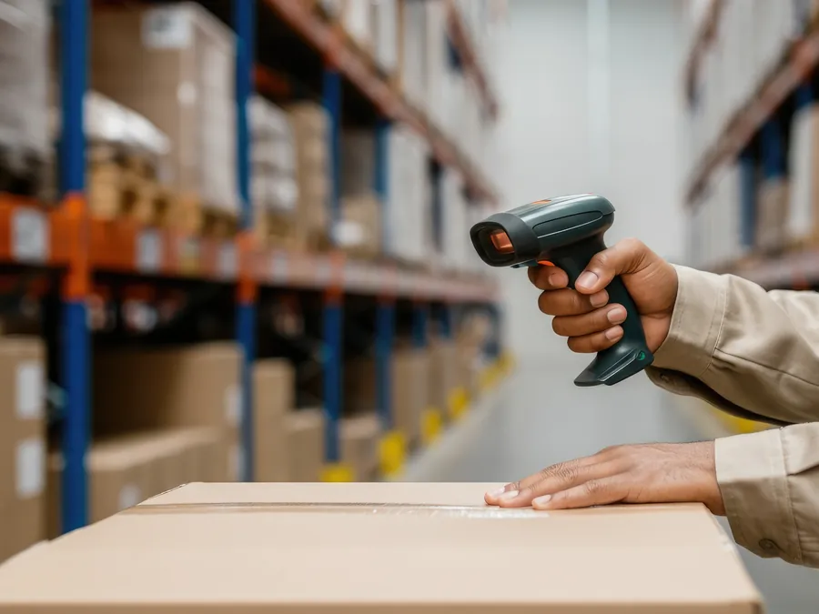 Barcode scanner reading a label on a cardboard box
