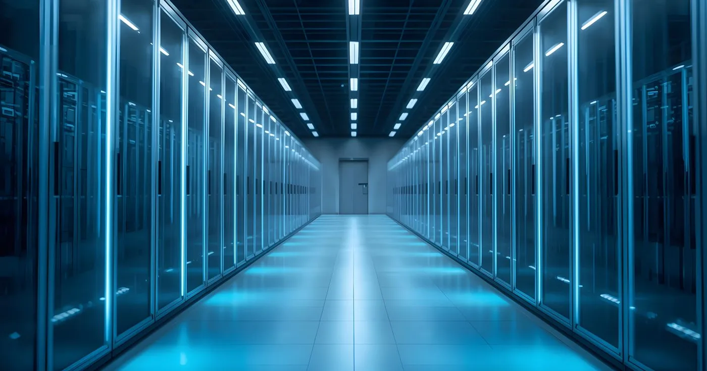 Server room corridor representing the connected business systems