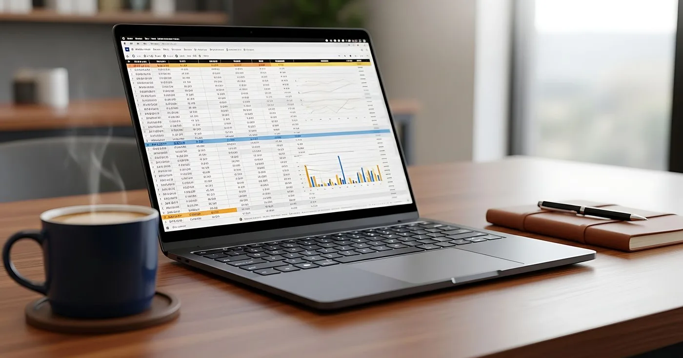 Laptop showing a stock and reorder overview on a desk