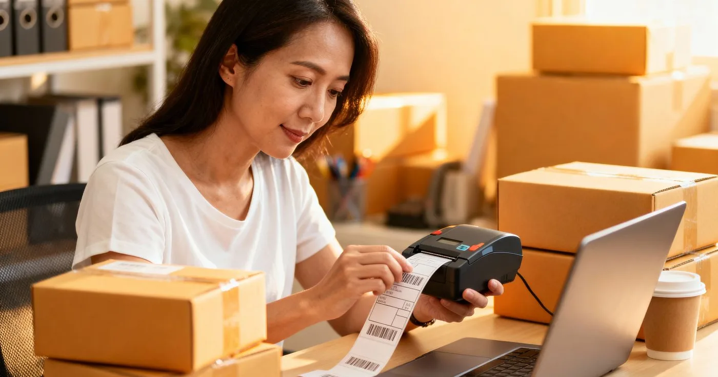 Packer printing a shipping label next to boxed orders