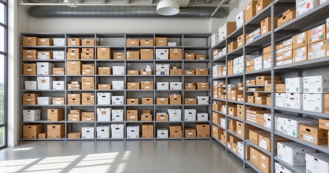 Storage shelves filled with labelled cartons ready for put-away
