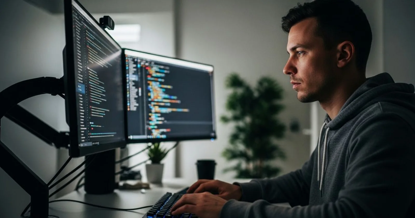 IT specialist reviewing app and device settings on two monitors.