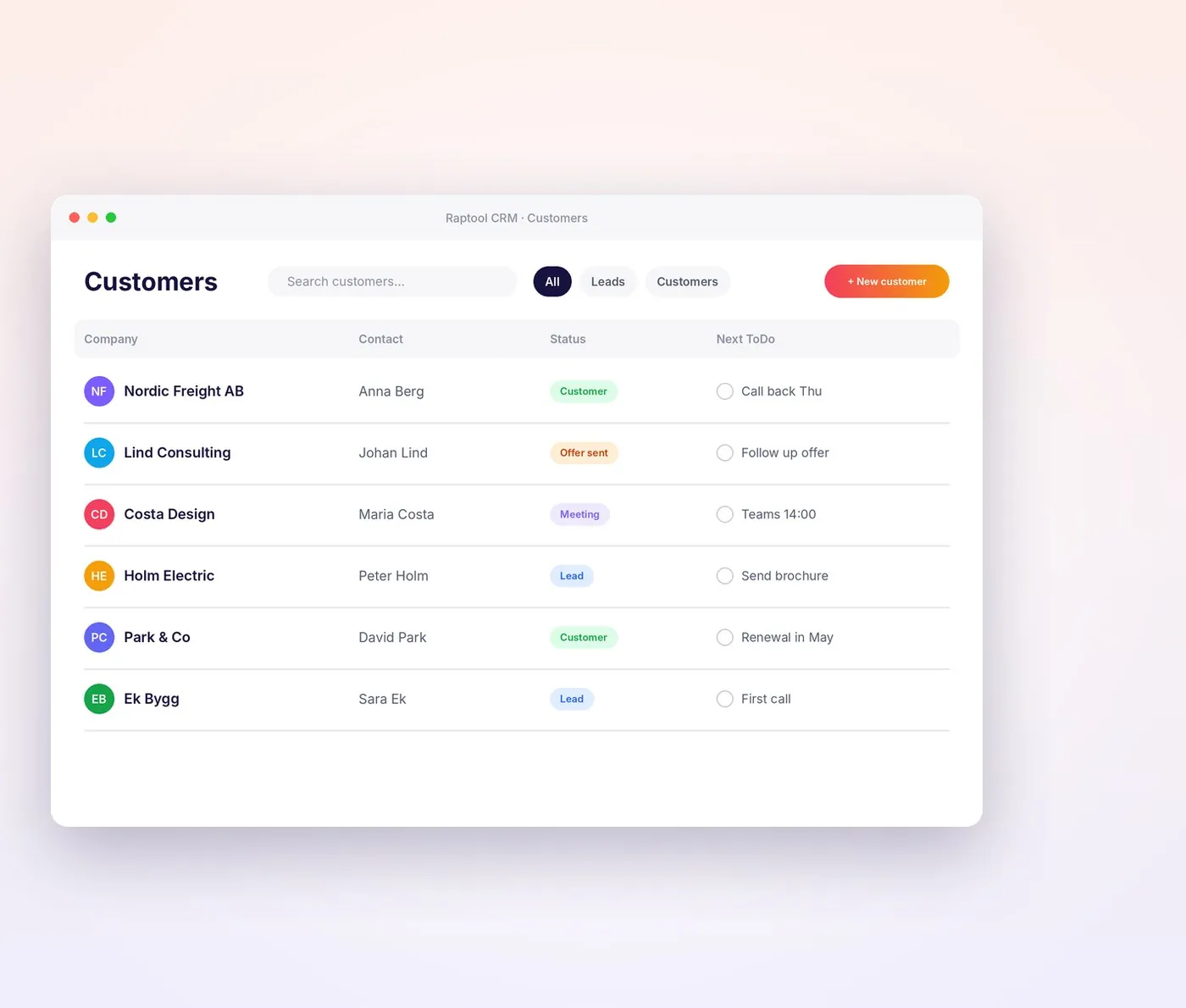 Elenco clienti di Raptool CRM con stato e prossima attività